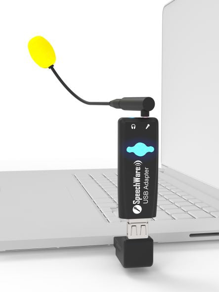 SpeechWare Mic attached to USB drive on laptop