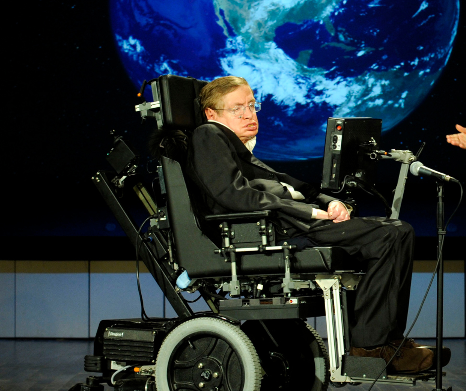 Stephen Hawking with the planet Earth in the background