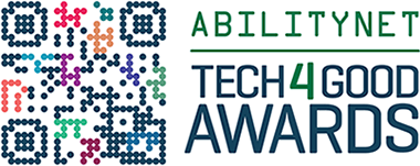 Pixellated multicoloured logo. Text reads: AbilityNet Tech4Good Awards
