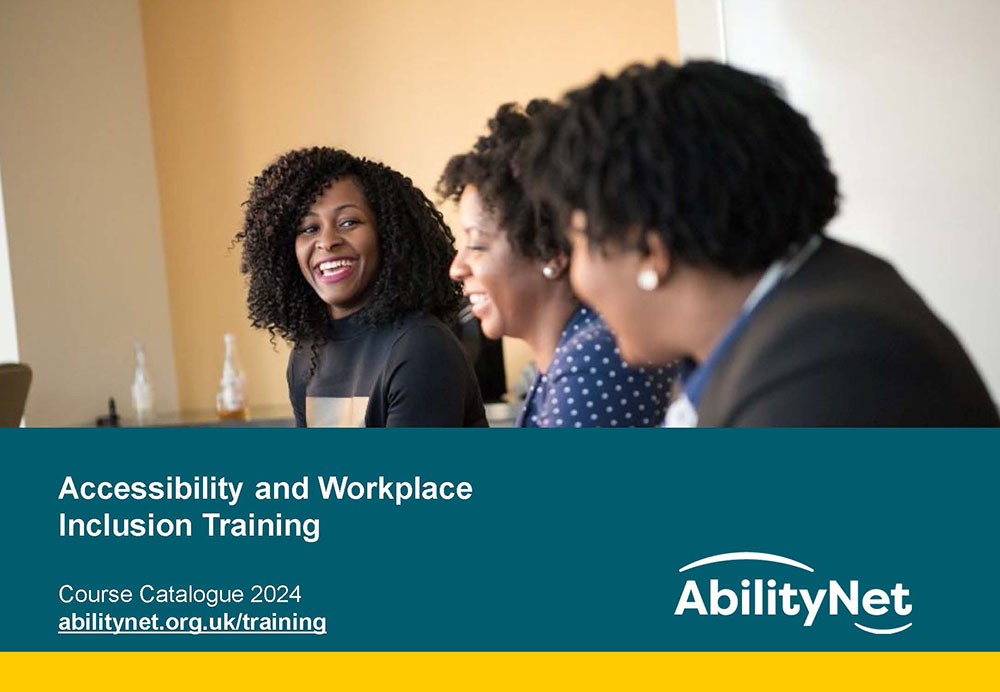 Training brochure cover Accessibility and Workplace Inclusion Training Course Catalogue 2024 - three women on the cover smiling in a work setting