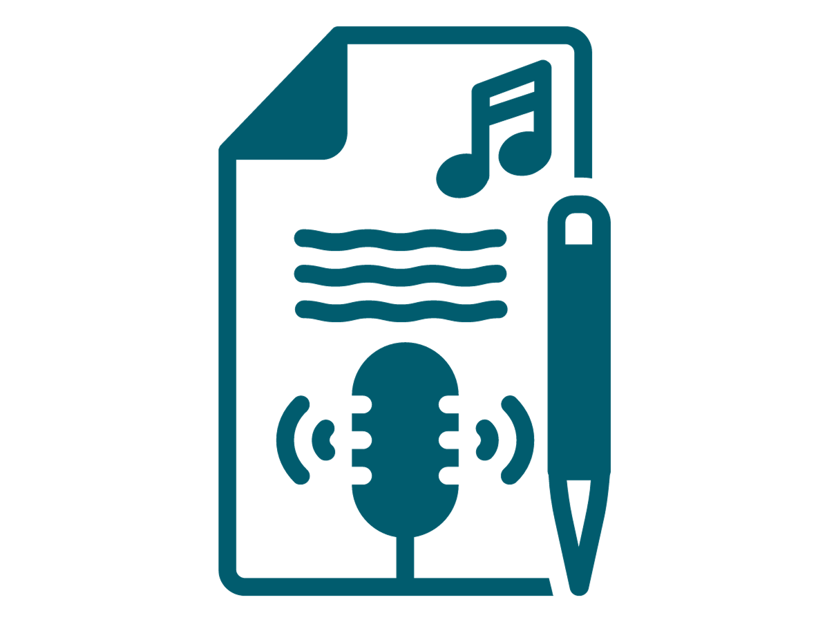 A graphic of a document with text, a microphone icon and a music icon. 