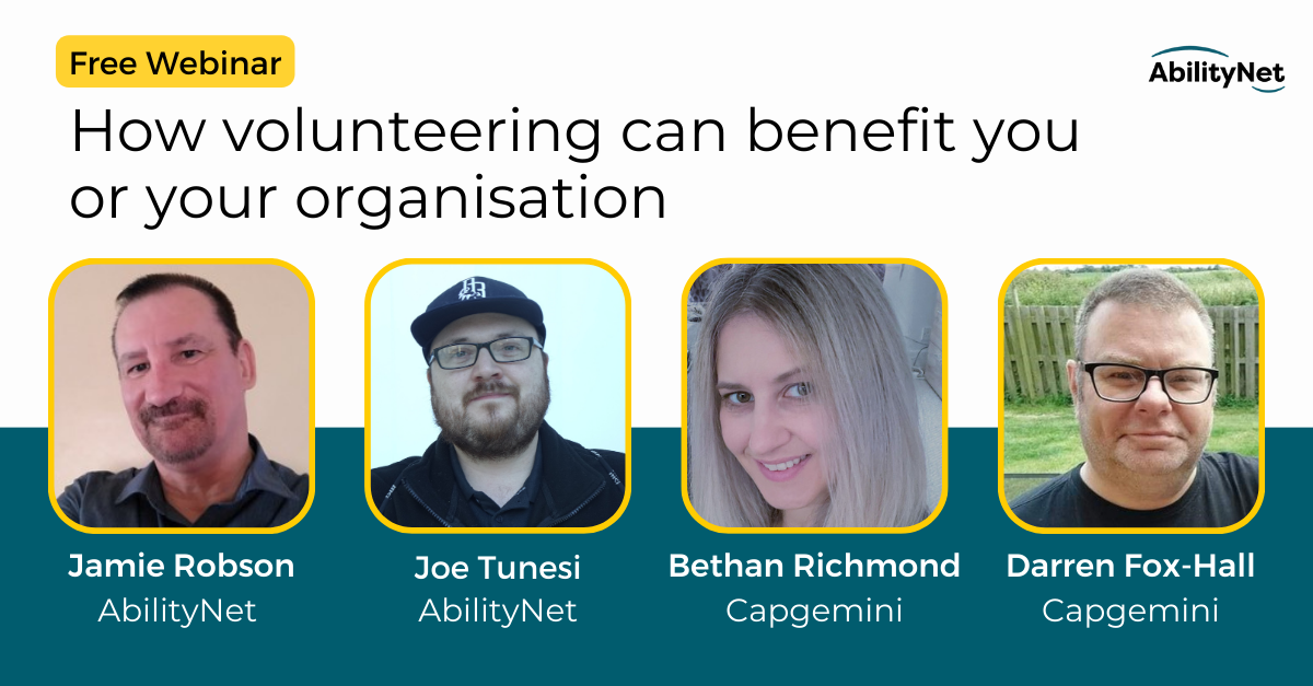 Profile images of Jamie Robson, Joe Tunesi, Bethan Richmond, and Darren Fox-Hall. Text displays: Free Webinar: How volunteering can benefit you or your organisation.