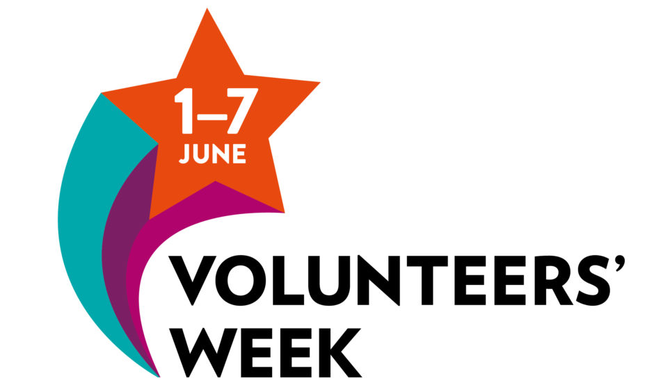 Volunteers' Week logo with star swoosh and text reads 1-7 June Volunteers' Week