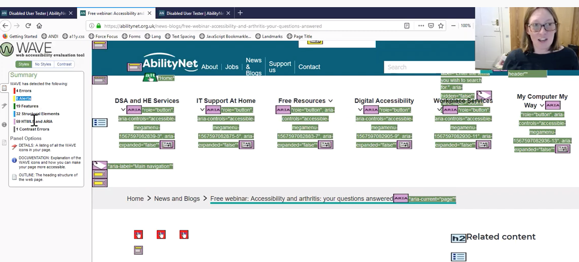 Screenshot of WAVE web accessibility evaluation tool in action on the AbilityNet website