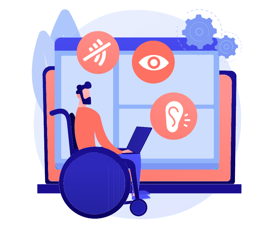 Graphic of a person in a wheelchair using a laptop. Icons of a sound icon off, an eye and an ear.