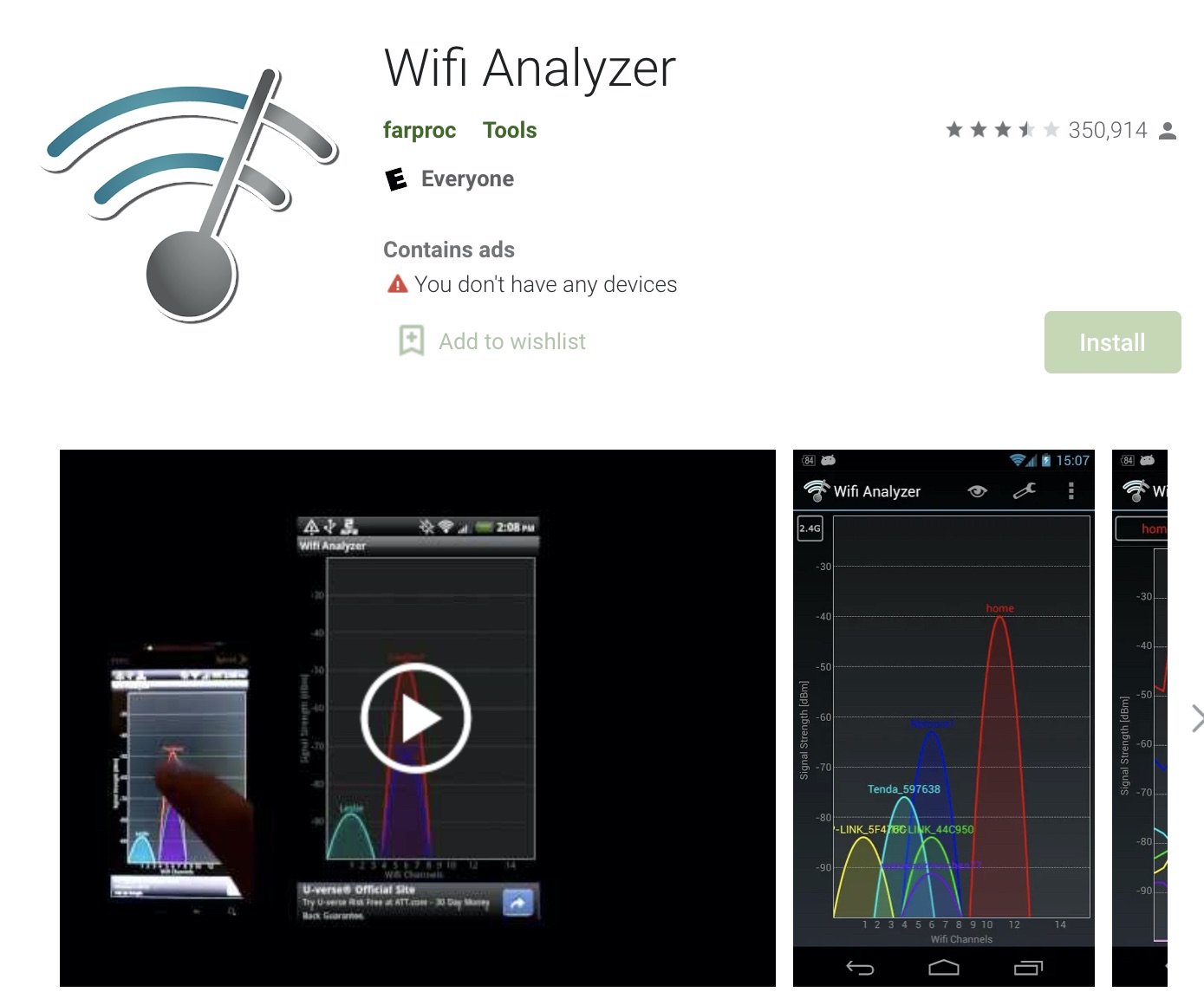 Image shows the home screen for the WiFi analyzer for Android
