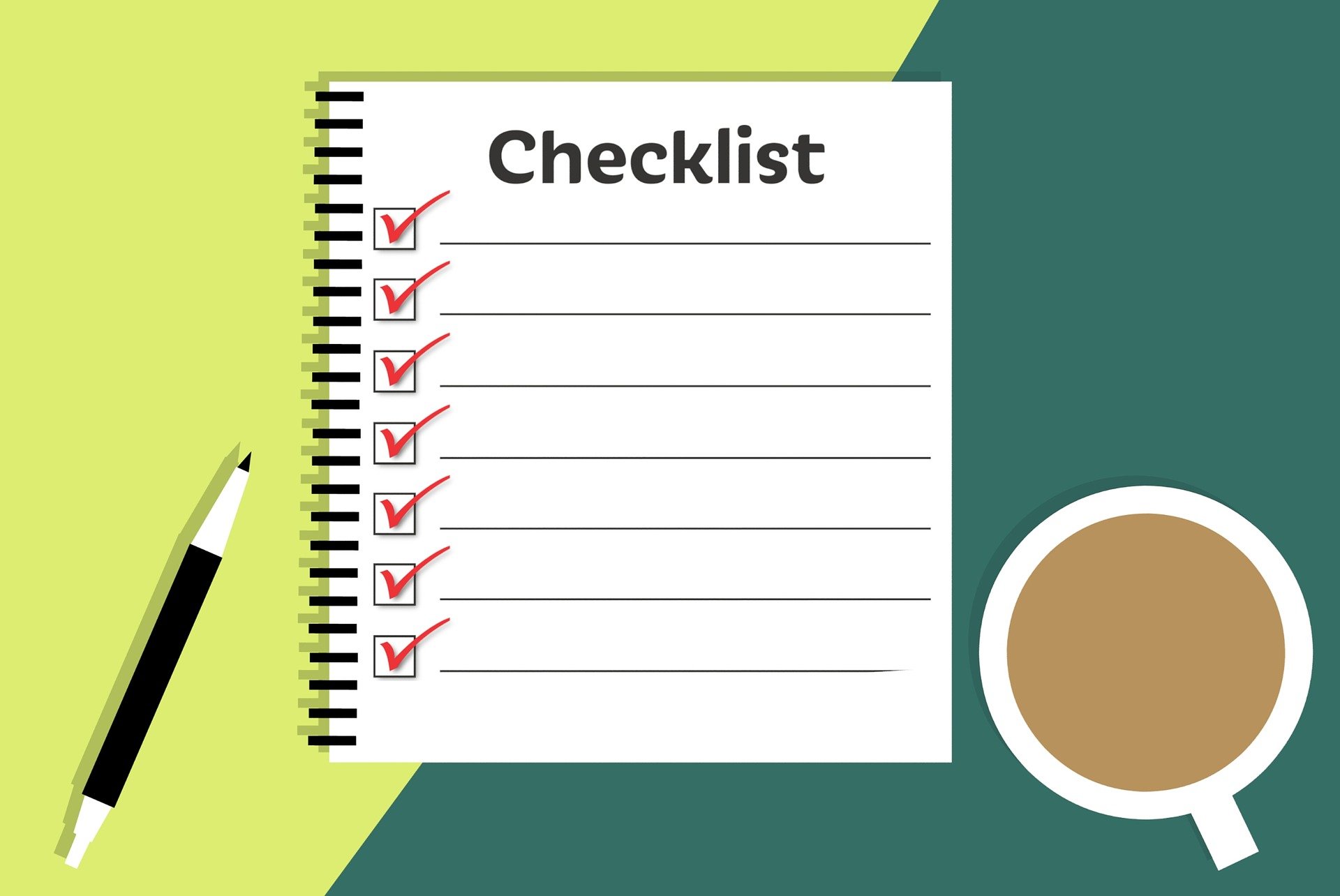 Illustration of a notebook with the word checklist. It has boxes ticked down the side. There is a pencil and a cup of coffee.