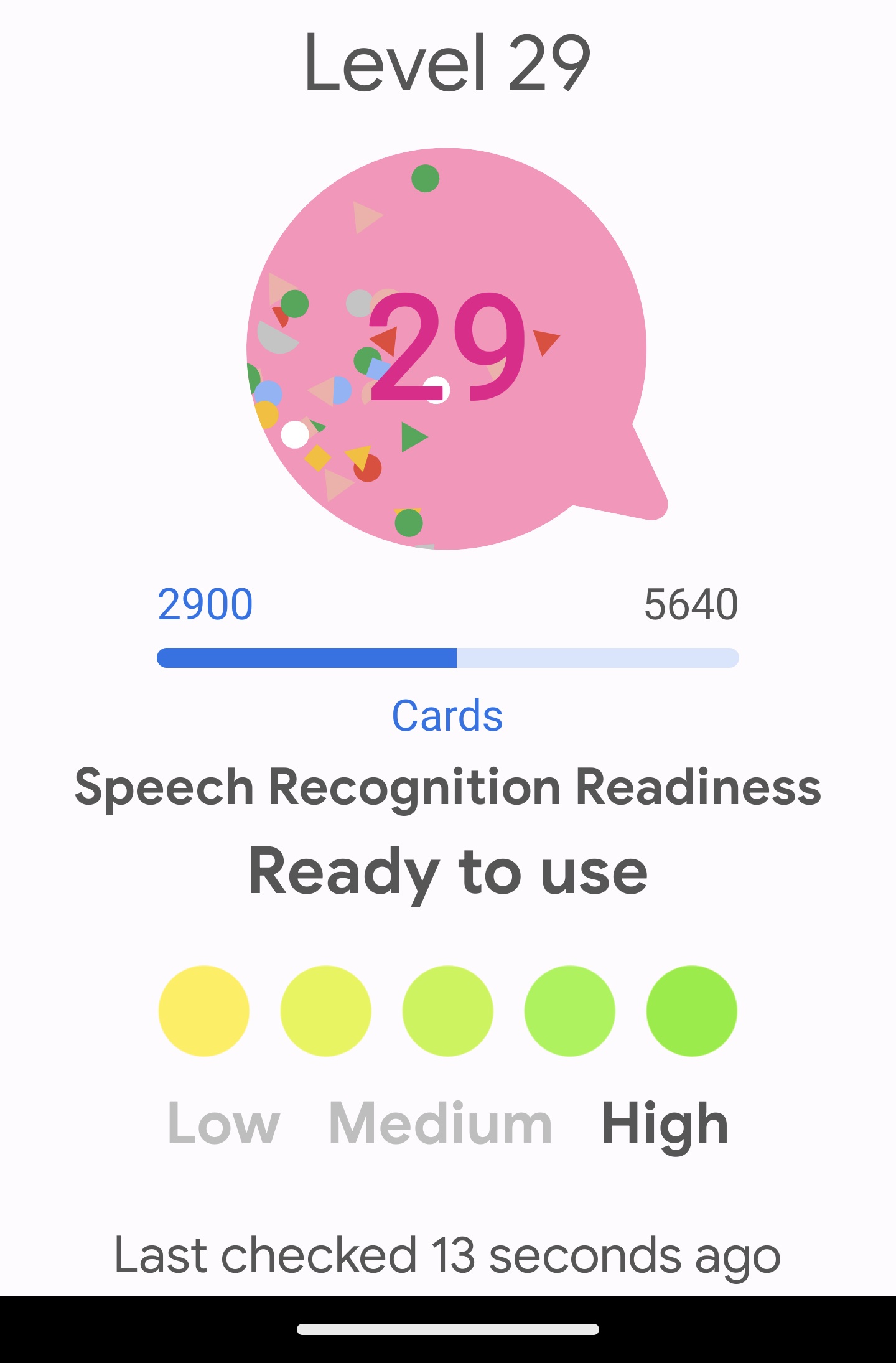 Screenshot from inside Colin's Project Relate app showing his progress in recording cards. It shows Level 29 and indicates a mid level of cards on a chart between 2900 and 5640