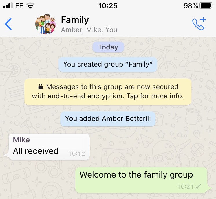 A screen shot of WhatsApp shows a string of messages within a group