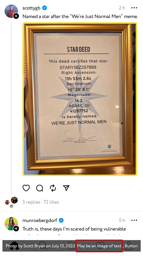 Screenshot from Threads homepage with a post from Scottygb showing a photo of framed certificate with unhelpful AI-generated alt text "May be an image of text".