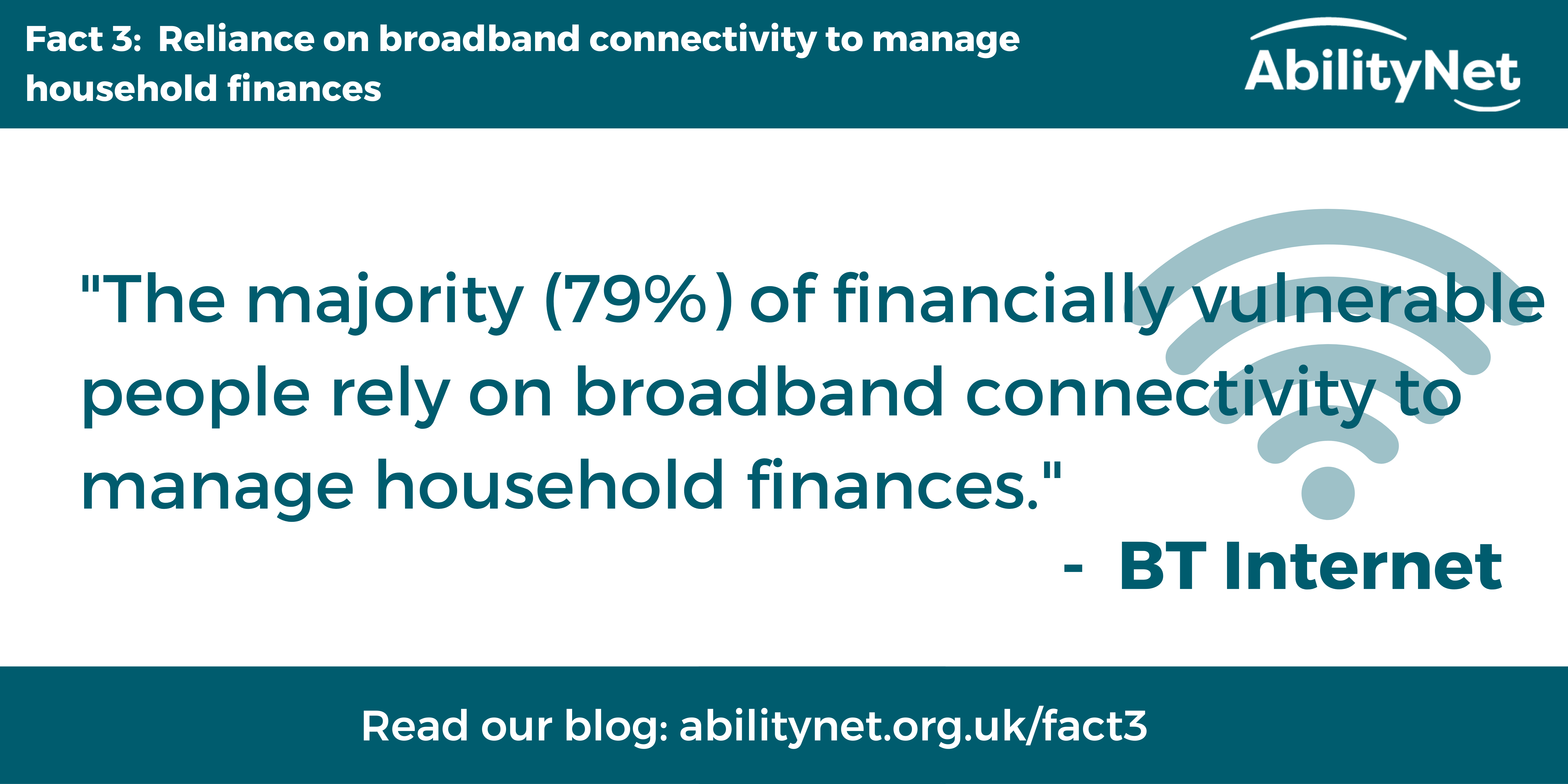 Fact 3:  Reliance on broadband connectivity to manage household finances "The majority (79%) of financially vulnerable people rely on broadband connectivity to manage household finances." -  BT Internet Read our blog: abilitynet.org.uk/fact3