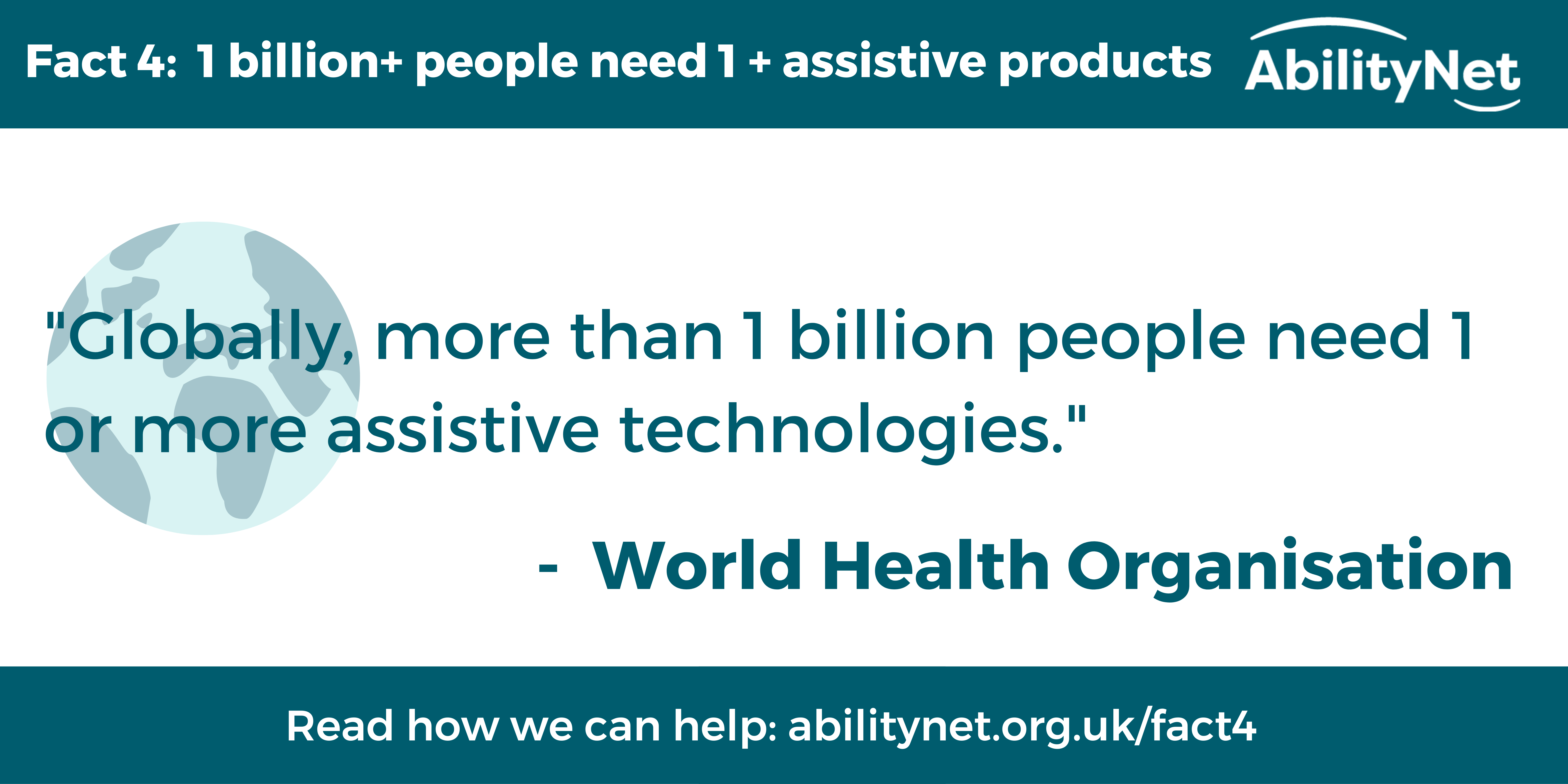 Fact 4:  1 billion+ people need 1 + assistive products "Globally, more than 1 billion people need 1 or more assistive technologies." -  World Health Organisation Read how we can help: abilitynet.org.uk/fact4