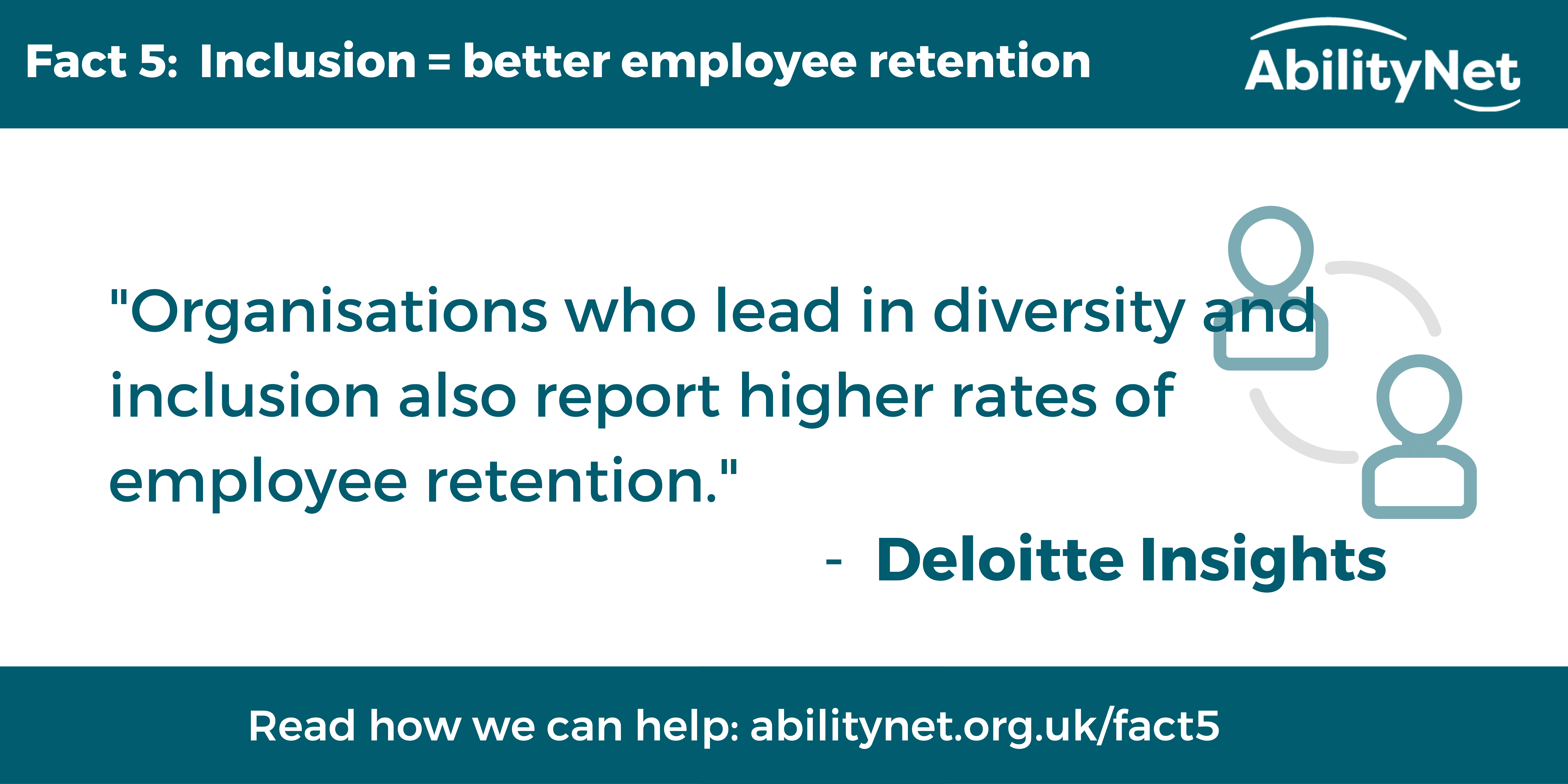 Fact 5:  Inclusion = better employee retention "Organisations who lead in diversity and inclusion also report higher rates of employee retention." -  Deloitte Insights Read how we can help: abilitynet.org.uk/fact5