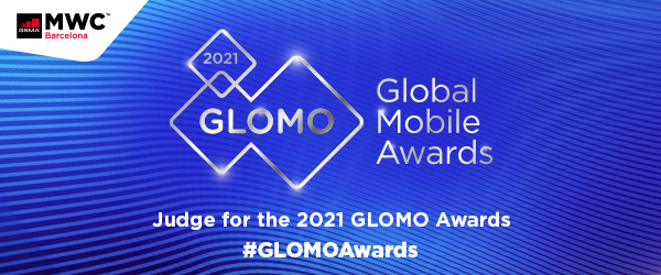 2021 Glomo Awards banner - shiny geometric shapes with text including Global Mobile Awards - Judge for the 2021 GLOMO Awards #GLOMOAwards