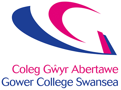 Gower College Swansea logo in Welsh and English with blue and pink design