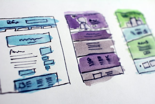 image shows a sketched mock-up of webpages as a wireframe