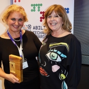 Naomi Marek pictured holiday her award with fellow award winner Maggie Philbin from Tomorrow's World