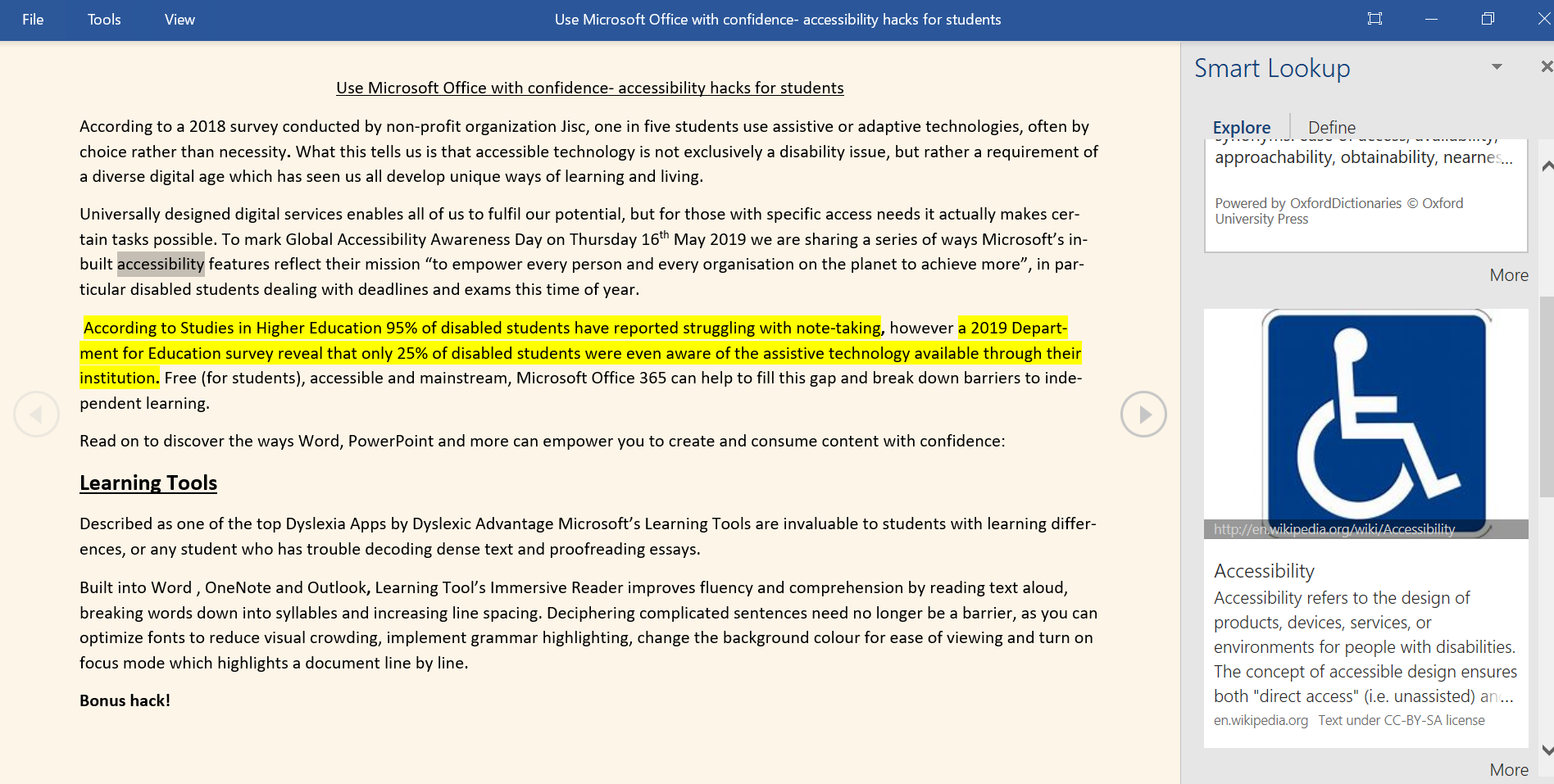 Screen grab showing read mode in Word with selection of tools