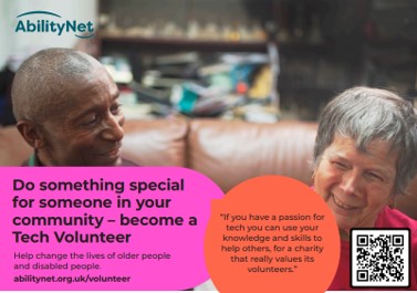 Man and older woman sitting on sofa smiling with text that reads 'Do something special for someone in your community'