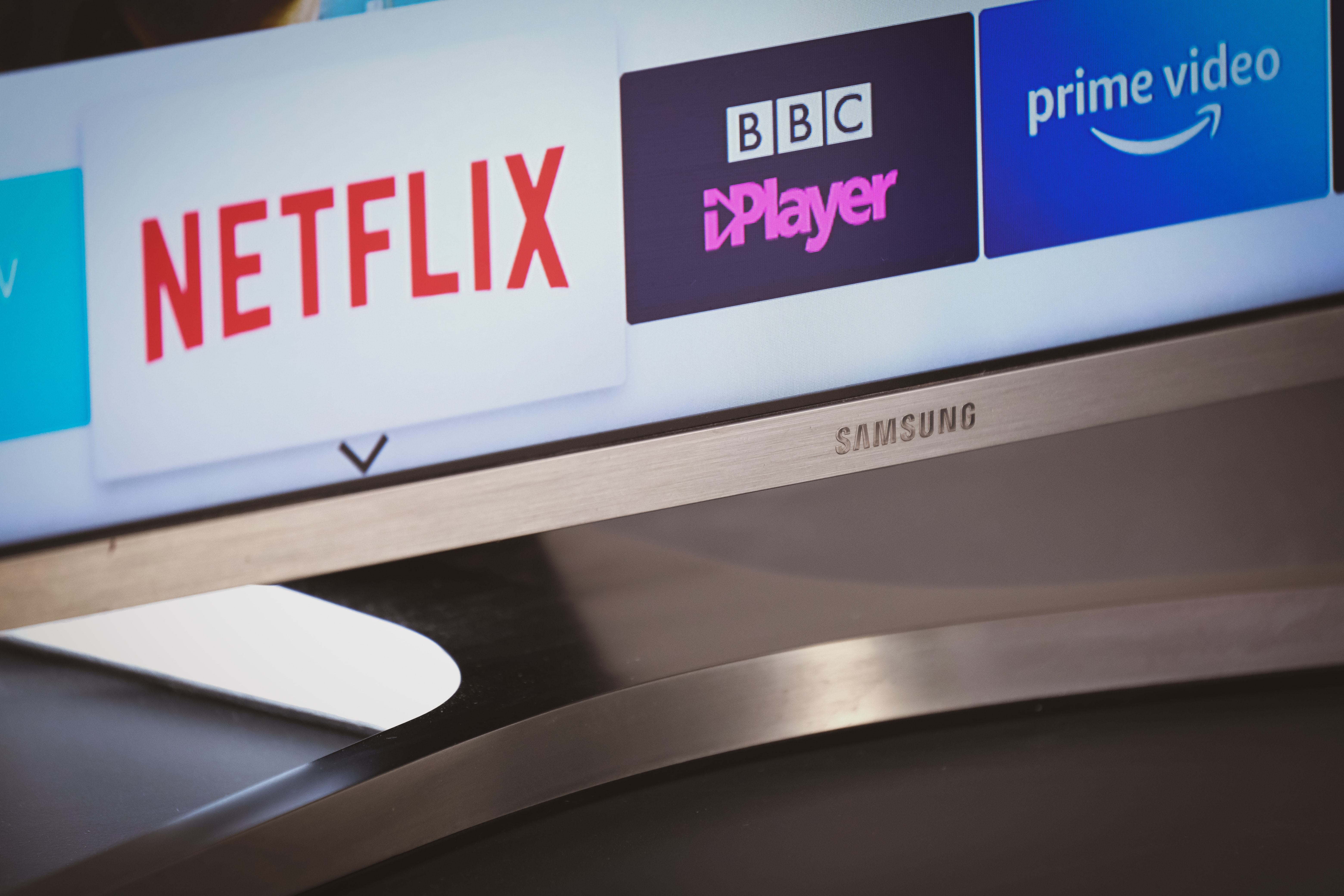 Image shows the bottom of a computer screen with the logos for Netflix, BBC iPlayer and Prime Video