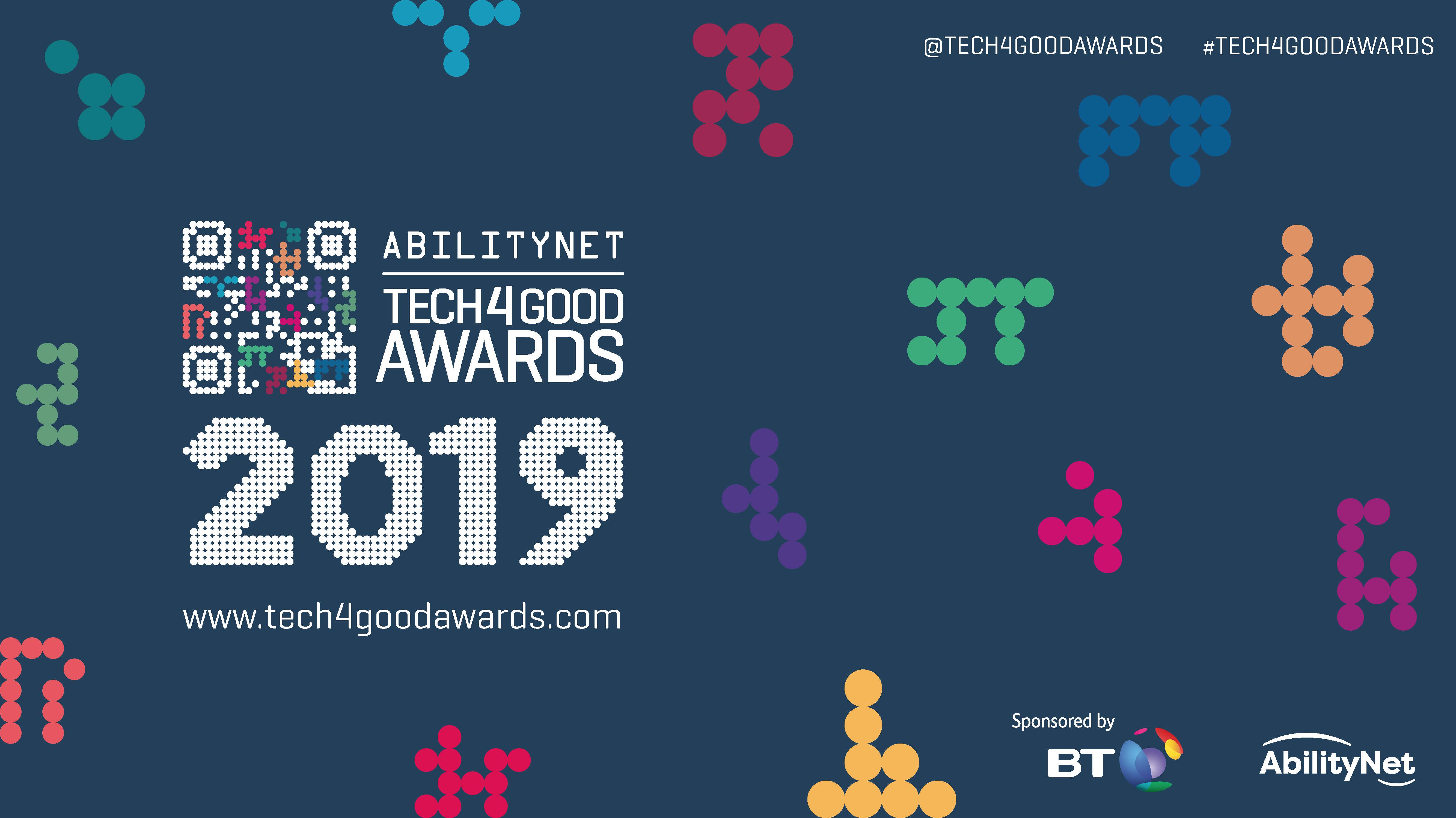 AbilityNet Tech4Good Awards 2019 logo, decorative imagery