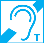 Induction Loop sign - an illustration of an ear with a wide line running diagonally from the bottom left to the top righ and the letter T in the bottom right corner.
