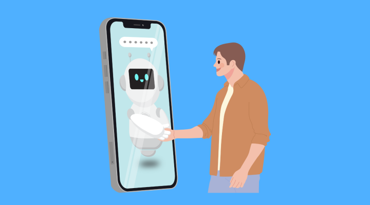 Graphic of a person interacting with a robot on a smart phone